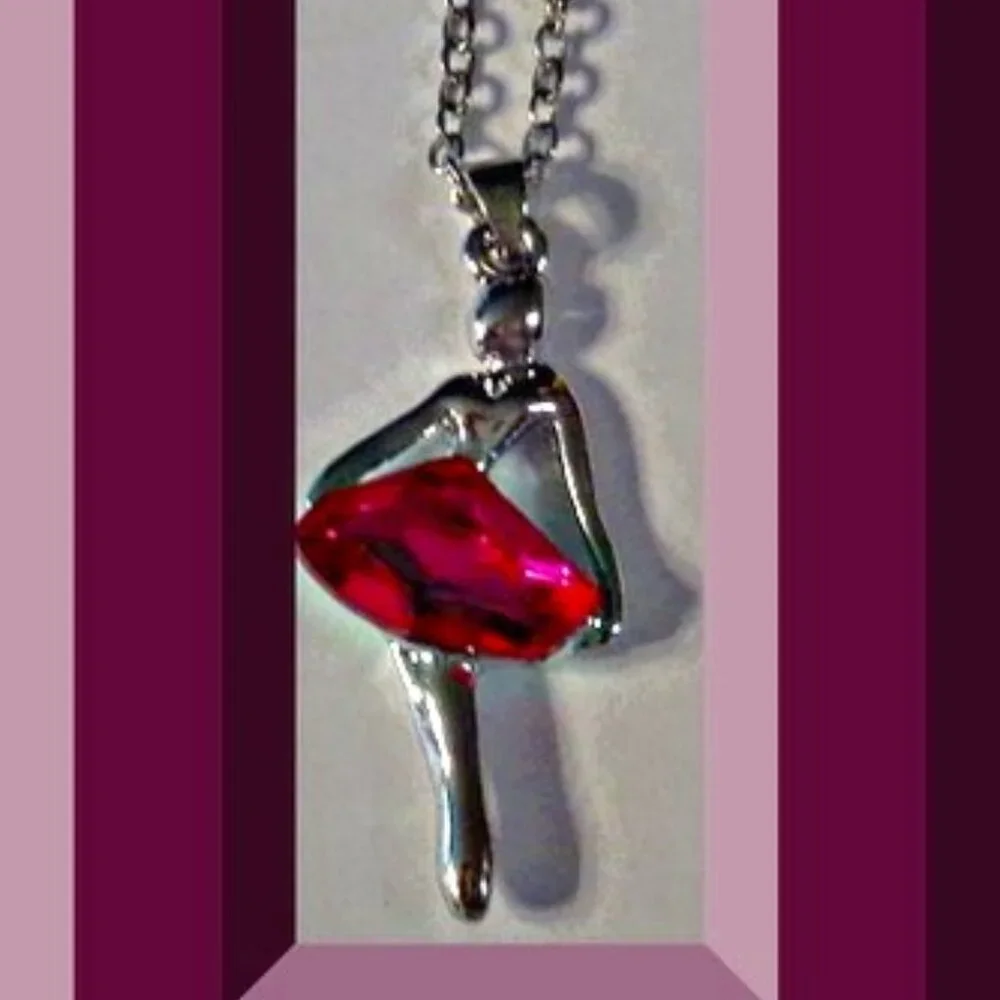 Silver Tone Ballerina Design Necklace With Pink Crystal Kids Girls Gift